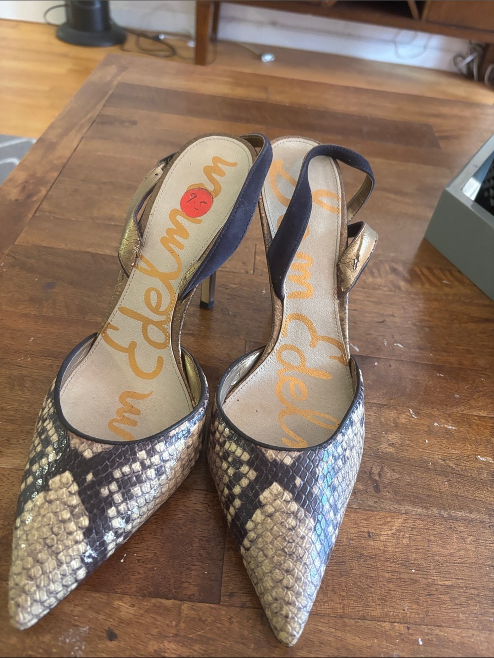 Sam Edelman Metallic Gold and Black Snake-Print Pointed Slingback Heels